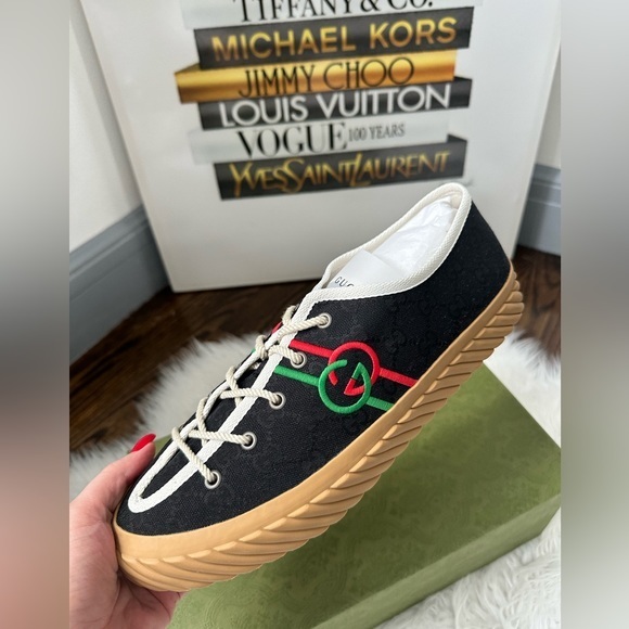 GUCCI MEN'S SHOES BLACK CANVAS INTERLOCKING G TRAINER SNEAKERS